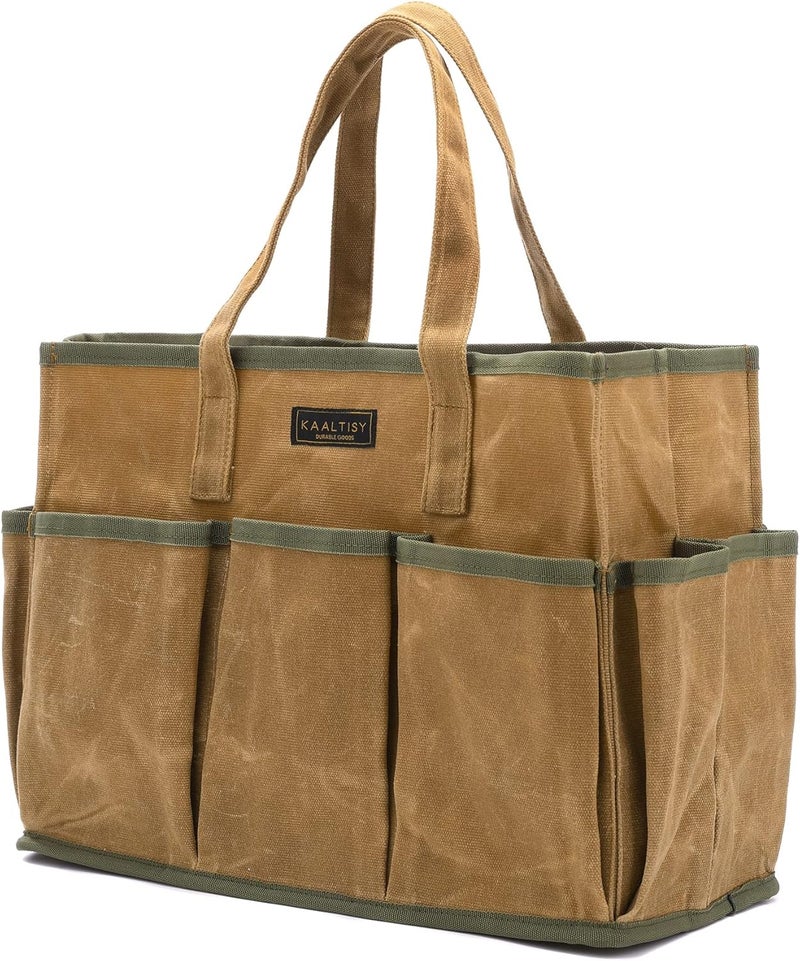 Kaaltisy 16OZ Waxed Canvas Tool Tote Bag | Large-Capacity Tool Storage Tote with 10 External Pockets | Multi-Purpose Garden Tool Carrier for Gardening, Wrench, and Carpentry Tools – Khaki - Image 1
